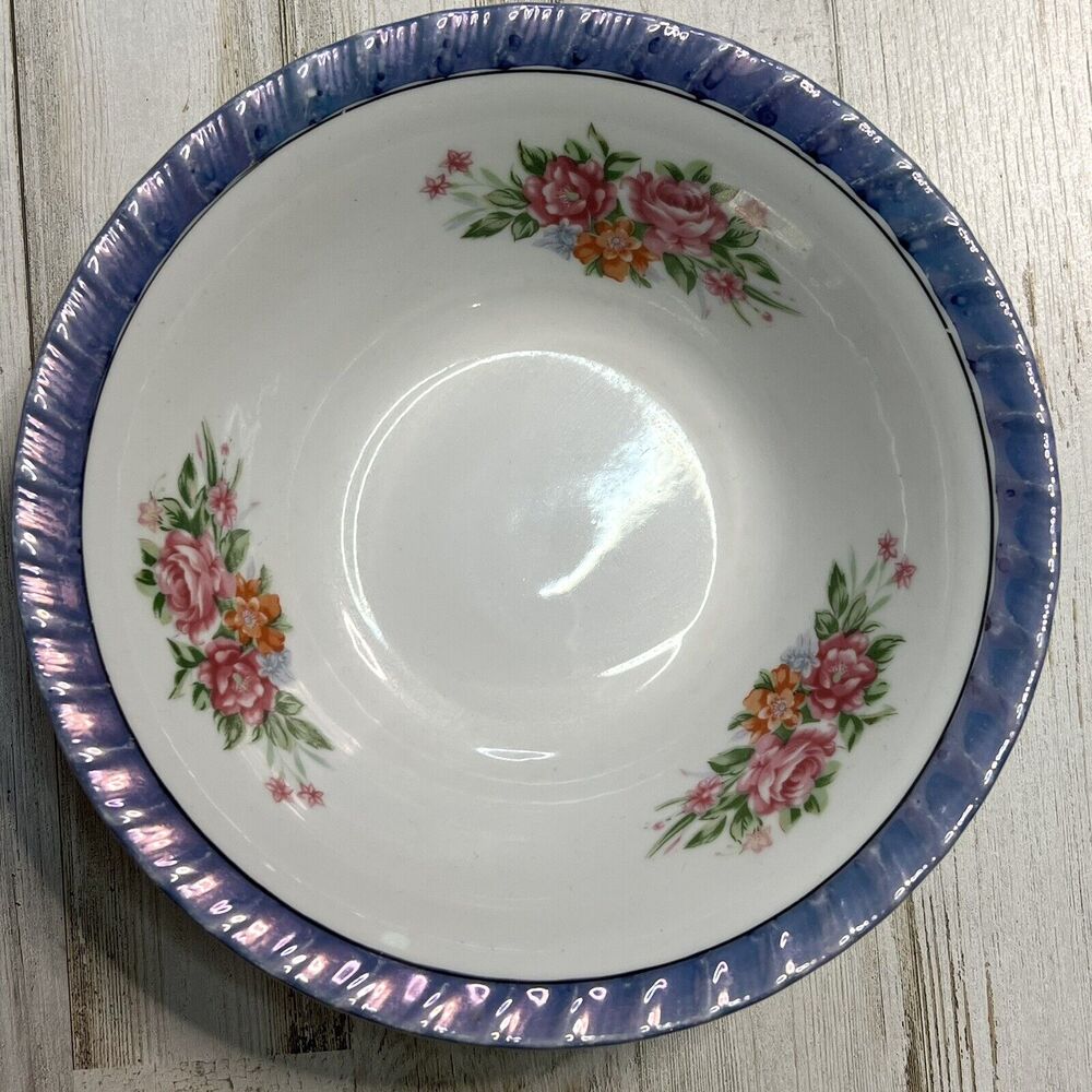 Vintage Yamatsu Floral Purple Lusterware Scalloped Rim Round Serving Dish 7"